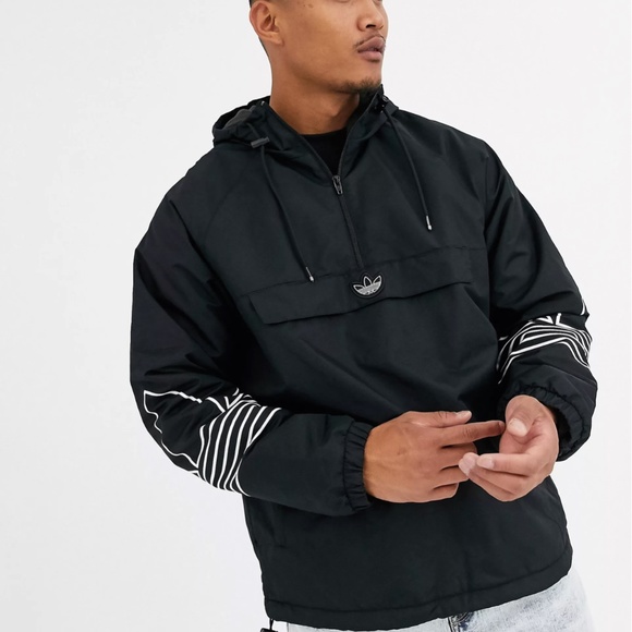 Adidas Fleece Lined Arm Trefoil Print Overhead Jacket In Black Size M - Picture 2 of 15